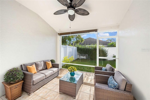 sunroom with lofted ceiling and ceiling fan