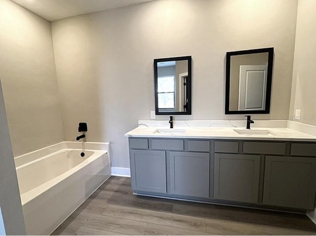 bathroom with a bathing tub, hardwood / wood-style floors, and vanity