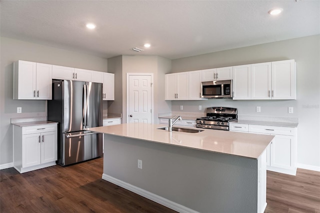 kitchen with white cabinets, stainless steel appliances, sink, and dark hardwood / wood-style flooring