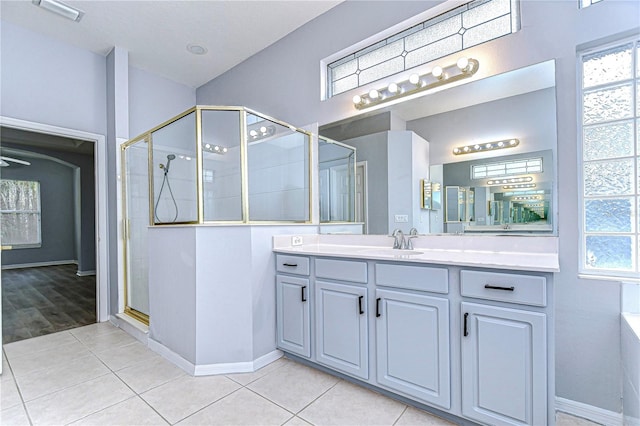 full bathroom with visible vents, a shower stall, vanity, baseboards, and tile patterned floors