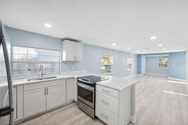 kitchen featuring kitchen peninsula, sink, white cabinetry, and stainless steel electric range