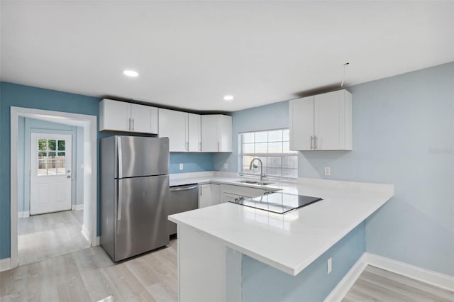 kitchen with white cabinetry, sink, a wealth of natural light, stainless steel appliances, and kitchen peninsula