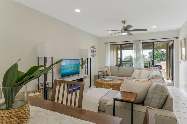 tiled living room featuring ceiling fan