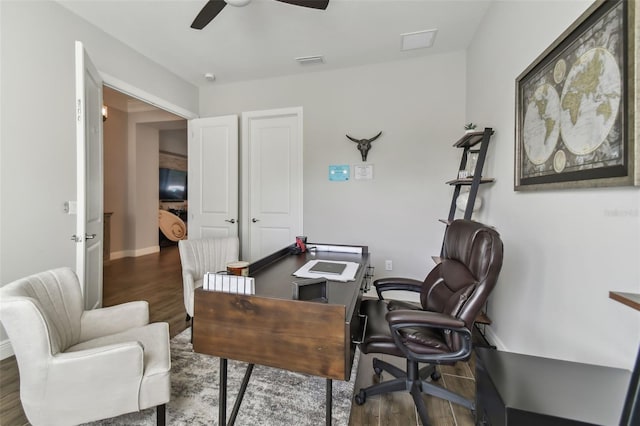 office area featuring dark wood-style floors, ceiling fan, visible vents, and baseboards