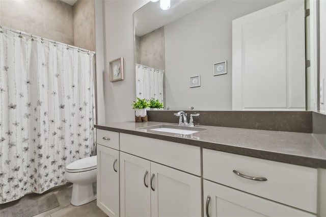 bathroom with toilet, a shower with shower curtain, tile patterned flooring, and vanity