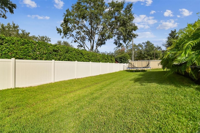 view of yard with a fenced backyard and a trampoline