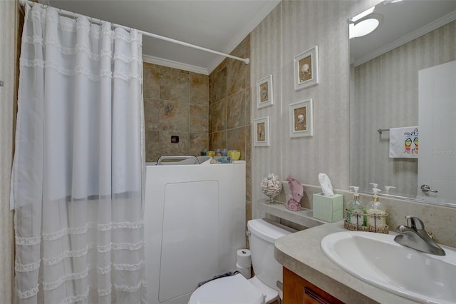 bathroom featuring toilet, crown molding, curtained shower, and vanity