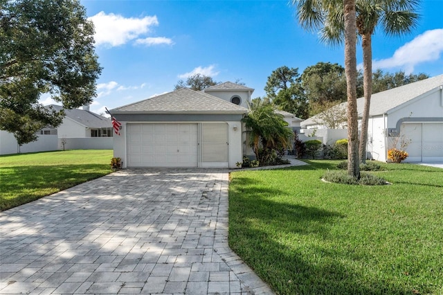 single story home featuring a garage and a front lawn