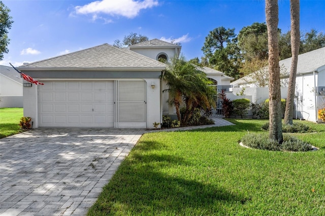 view of front of home featuring a front lawn and a garage