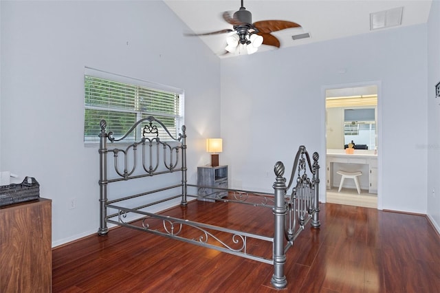 bedroom featuring ceiling fan, high vaulted ceiling, and dark hardwood / wood-style flooring