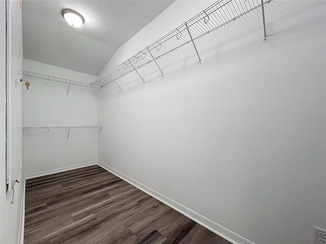 walk in closet featuring dark wood-type flooring and lofted ceiling