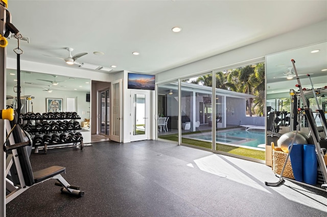 workout area with ceiling fan