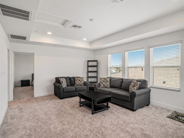 living room featuring light carpet and a raised ceiling