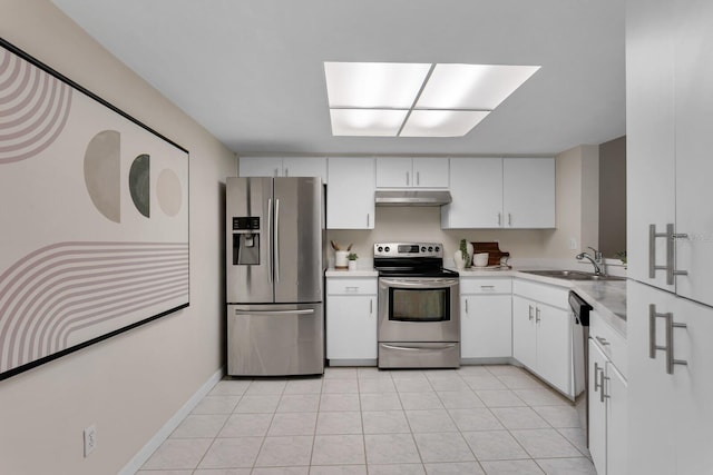 kitchen featuring light tile patterned flooring, white cabinets, stainless steel appliances, and sink