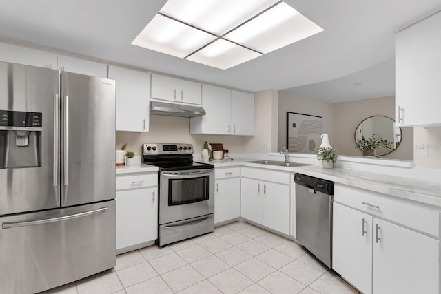 kitchen featuring sink, white cabinetry, stainless steel appliances, and light tile patterned flooring