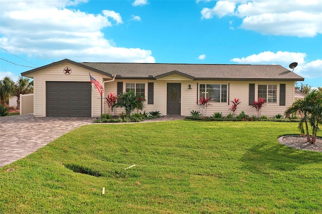 ranch-style home with a garage and a front yard