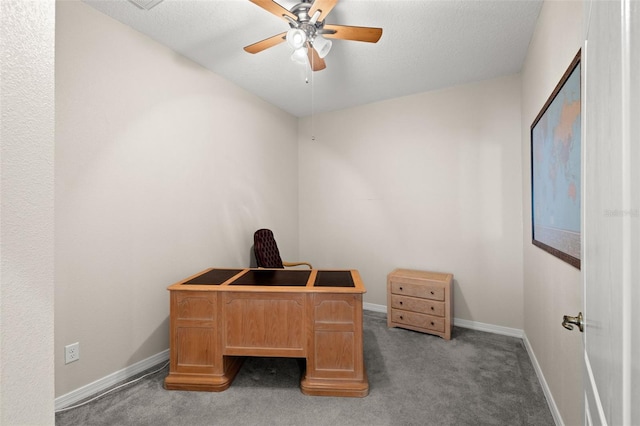 carpeted home office featuring ceiling fan and a textured ceiling