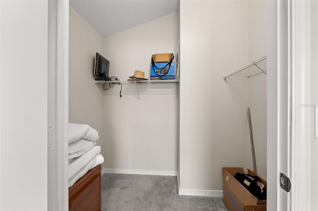 spacious closet featuring light colored carpet and vaulted ceiling