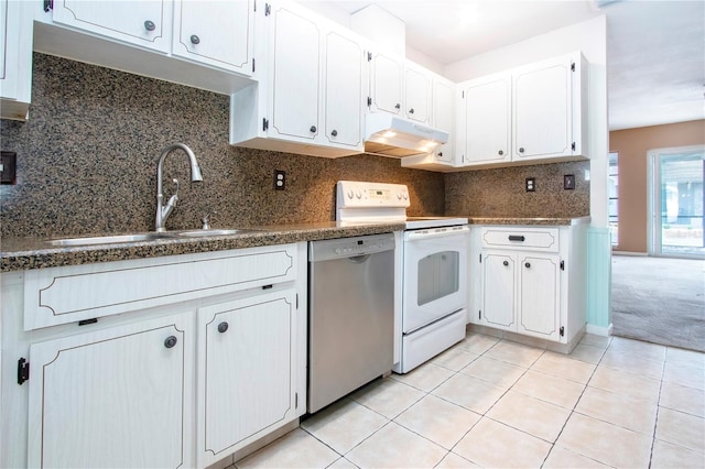 kitchen with backsplash, white cabinetry, white electric range oven, stainless steel dishwasher, and sink