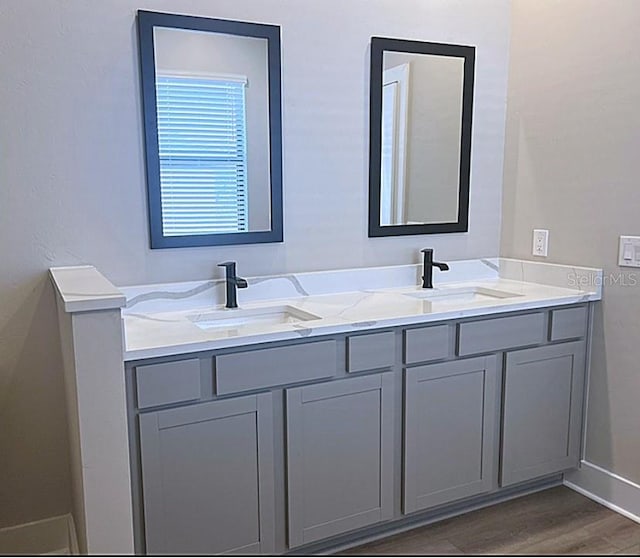 bathroom featuring hardwood / wood-style flooring and vanity