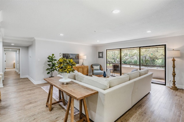 living room featuring crown molding, a textured ceiling, and light hardwood / wood-style flooring