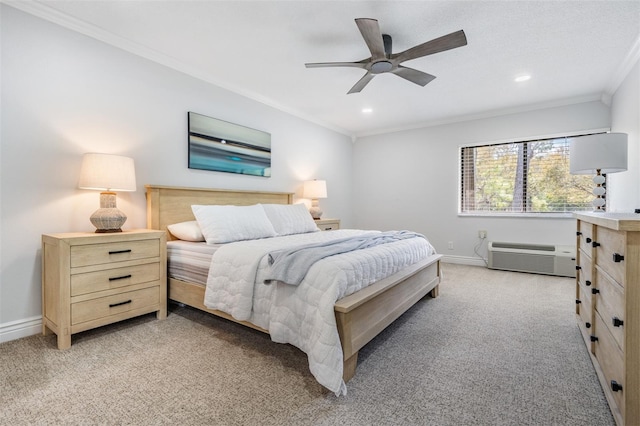 bedroom featuring ornamental molding, a wall mounted AC, light carpet, and ceiling fan