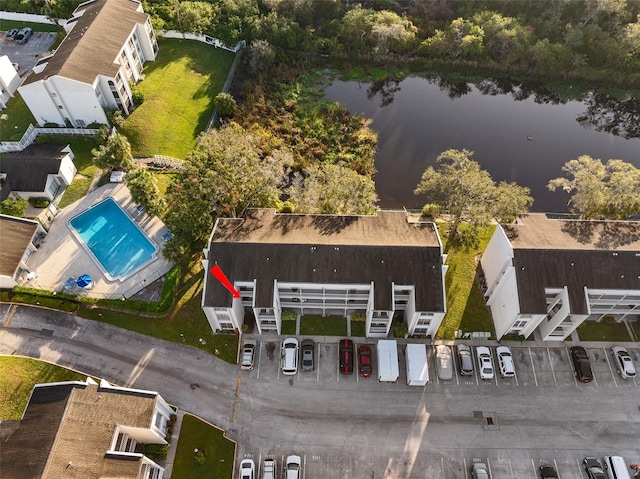 drone / aerial view with a water view