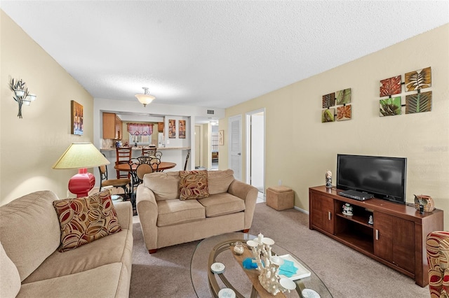 living room featuring a textured ceiling and light colored carpet