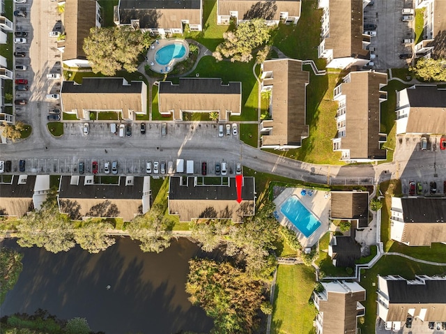 drone / aerial view featuring a water view