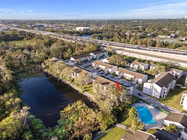 bird's eye view with a water view