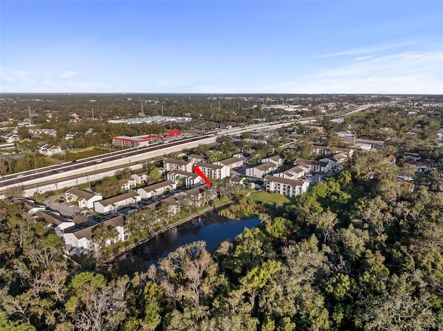 drone / aerial view featuring a water view