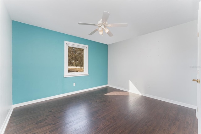 unfurnished room featuring ceiling fan and dark hardwood / wood-style flooring