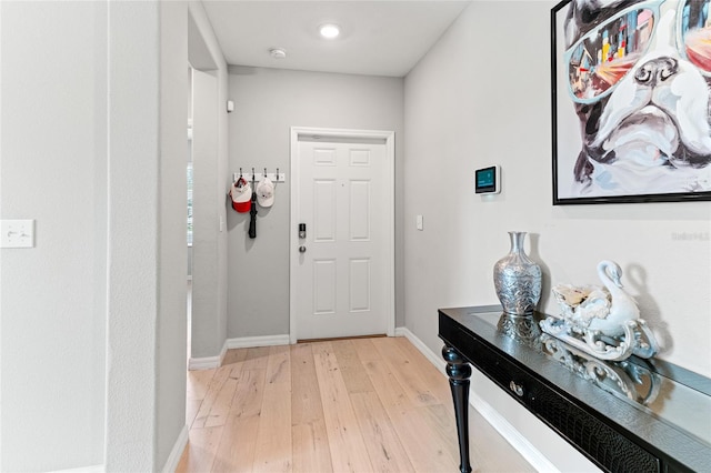 foyer entrance with light hardwood / wood-style flooring