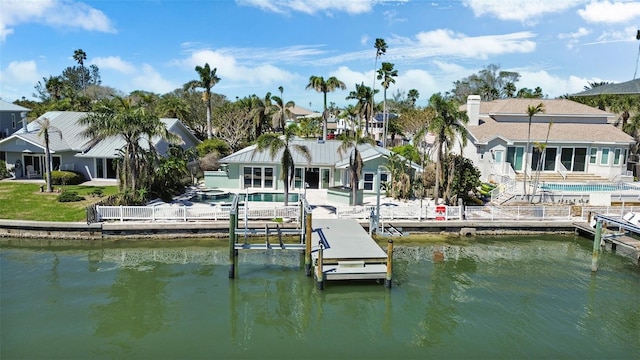 dock area featuring a residential view, a water view, an outdoor pool, and boat lift