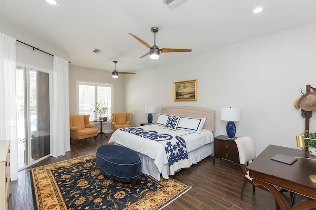 bedroom with dark wood-type flooring and ceiling fan