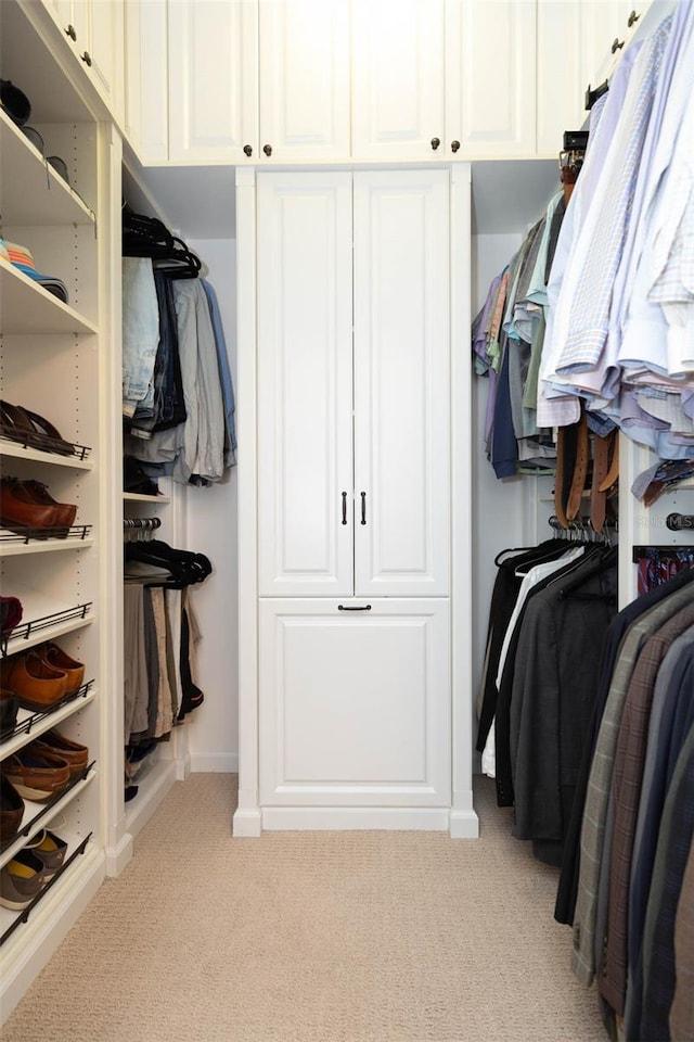 spacious closet featuring light colored carpet