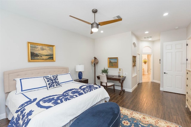 bedroom featuring dark hardwood / wood-style flooring and ceiling fan