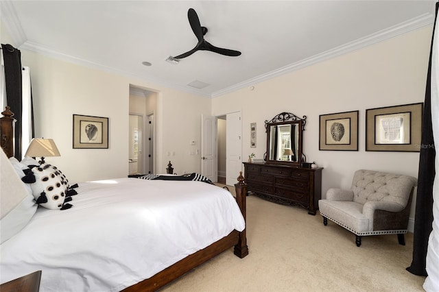 bedroom with crown molding, light colored carpet, and ceiling fan