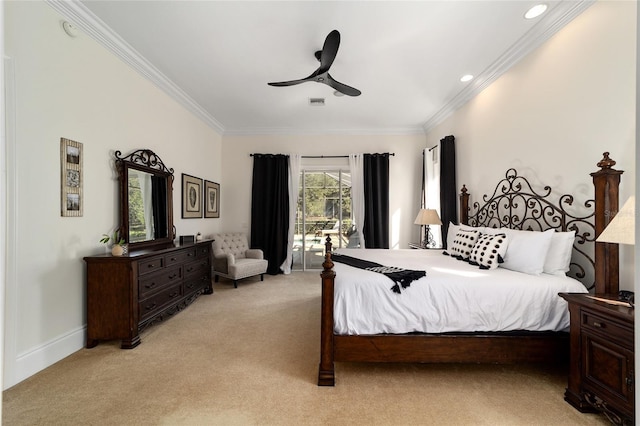 carpeted bedroom with crown molding and ceiling fan