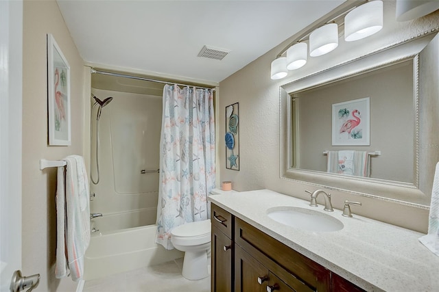 full bathroom featuring tile patterned floors, vanity, shower / bathtub combination with curtain, and toilet