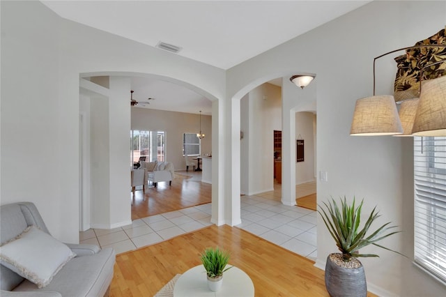 interior space featuring ceiling fan