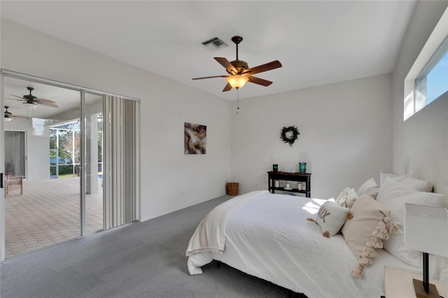 bedroom with multiple windows, carpet floors, access to exterior, and ceiling fan