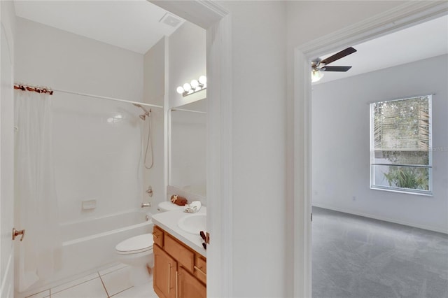 full bathroom featuring tile patterned floors, toilet, shower / bath combination with curtain, vanity, and ceiling fan