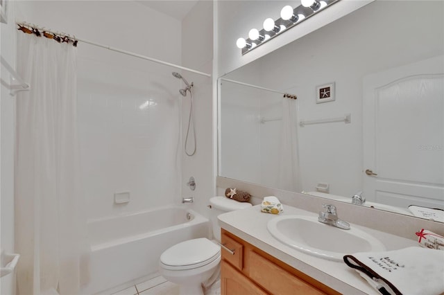 full bathroom featuring vanity, tile patterned floors, toilet, and shower / bathtub combination with curtain