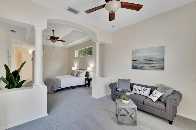 bedroom with light colored carpet and ceiling fan