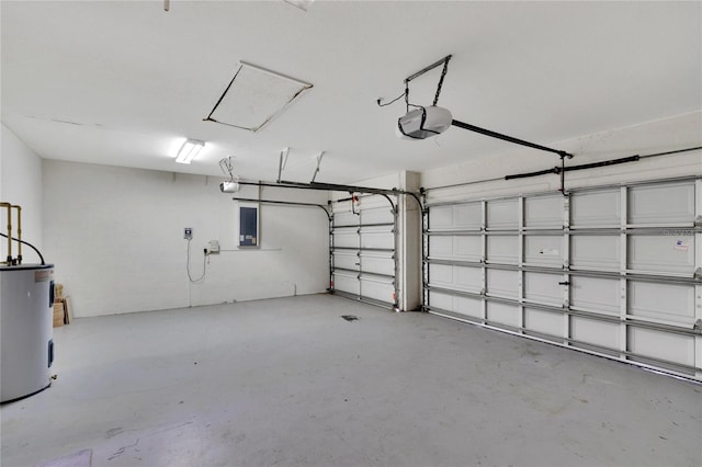 garage with water heater, electric panel, and a garage door opener