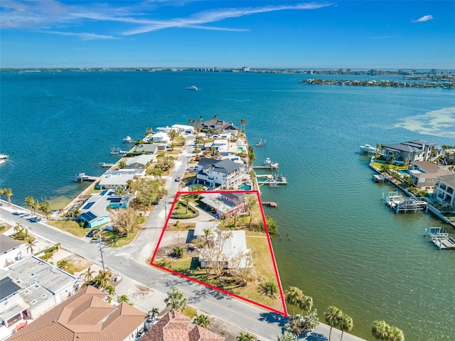 drone / aerial view featuring a water view