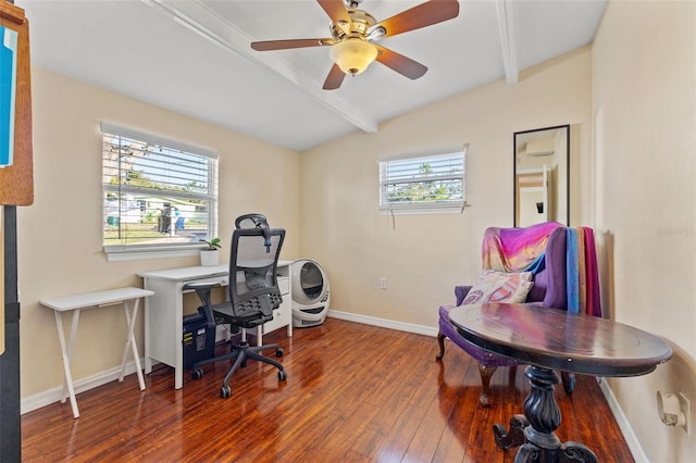 office space featuring vaulted ceiling with beams, wood-type flooring, a healthy amount of sunlight, and ceiling fan