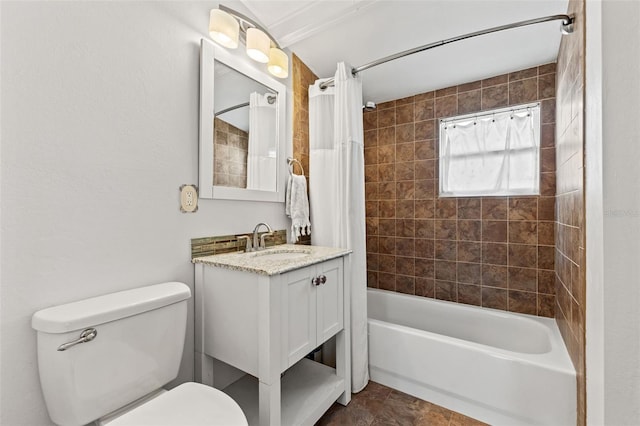 full bathroom with vanity, shower / bath combination with curtain, and toilet