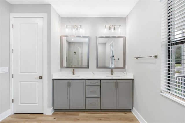 bathroom with a wealth of natural light, vanity, wood-type flooring, and walk in shower